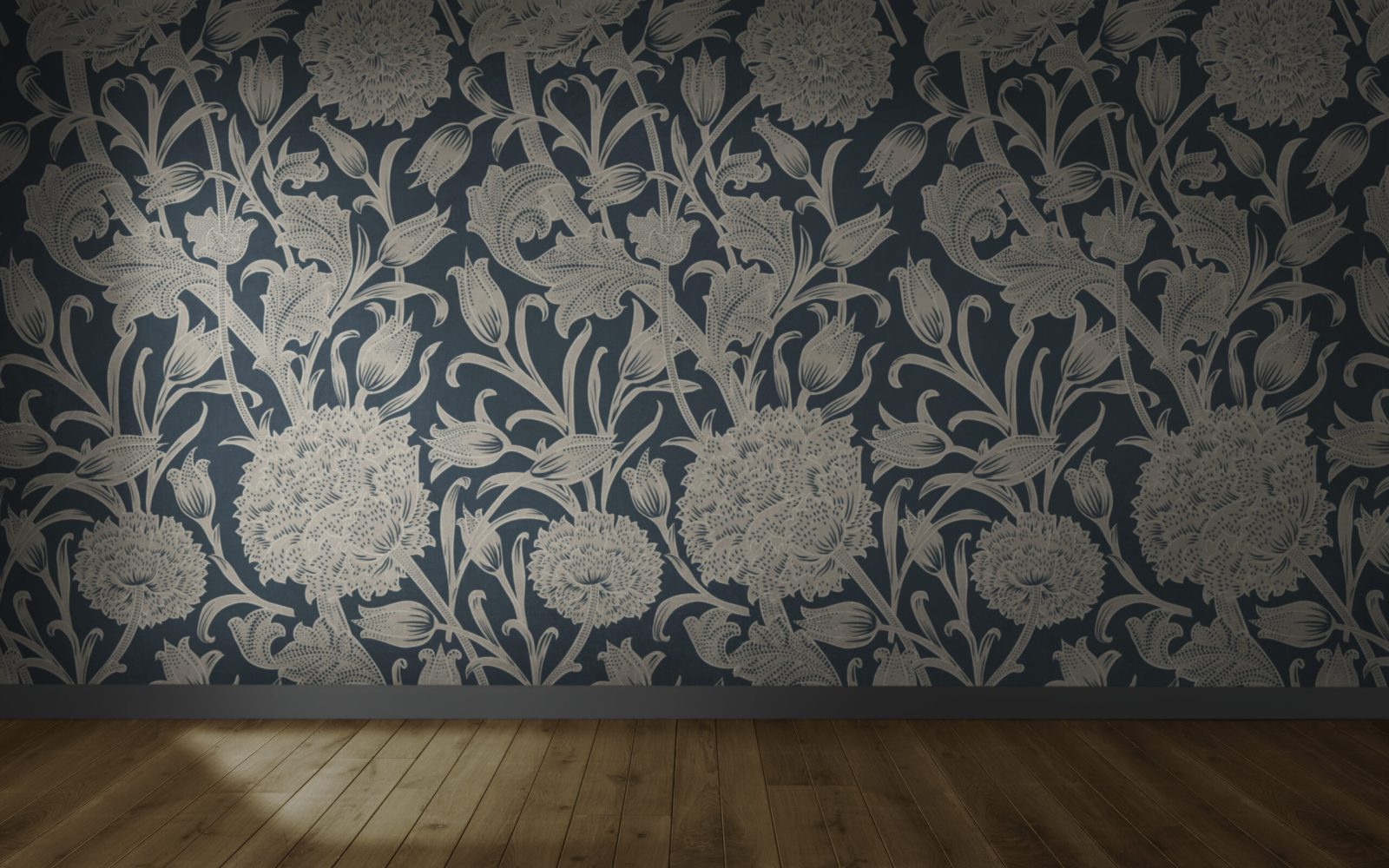 Floral wallpaper in an empty room with wooden floor